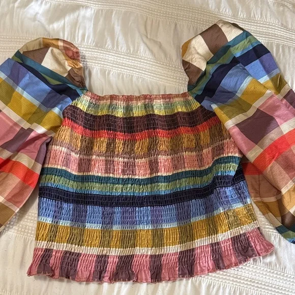 Colorful Plaid On or Off-Shoulder Women's Farm Rio Top - Picture 1 of 6